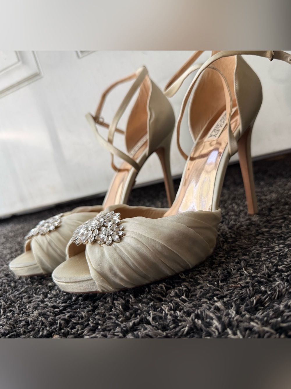 Badgley Mischka Champagne Satin Peep-Toe Heels with Crystal Brooch